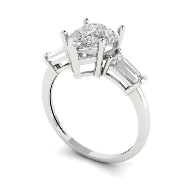 2.3 ct Brilliant Pear Cut Clear Simulated Diamond Stone White Gold Solitaire with Accents Three-Stone Ring