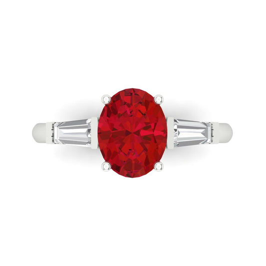 2.5 cttw Simulated Ruby Three-Stone Engagement Ring - Solid White Gold (VVS1, Oval Cut,9x7mm)