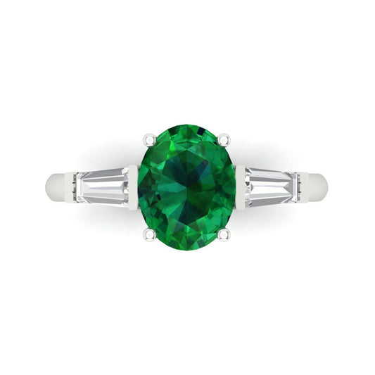 2.5 cttw Simulated Emerald Three-Stone Engagement Ring - Solid White Gold (VVS1, Oval Cut,9x7mm)