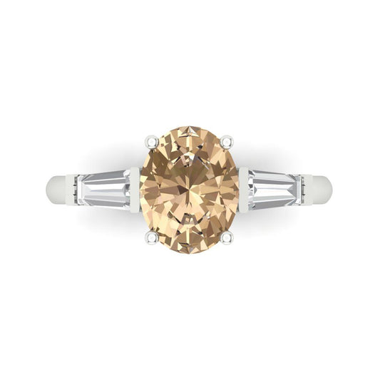 2.5 cttw Yellow Moissanite Three-Stone Engagement Ring - Solid White Gold (VVS1, Oval Cut,9x7mm)