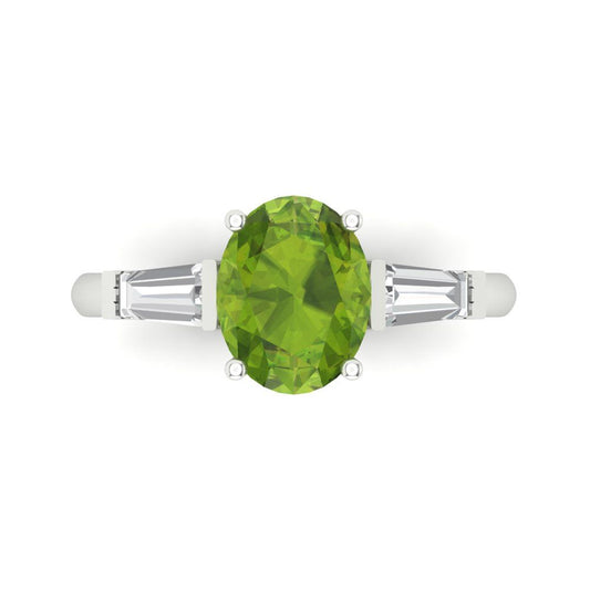 2.5 cttw Natural Peridot Three-Stone Engagement Ring - Solid White Gold (VVS1, Oval Cut,9x7mm)
