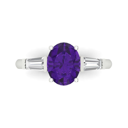 2.5 cttw Natural Amethyst Three-Stone Engagement Ring - Solid White Gold (VVS1, Oval Cut,9x7mm)