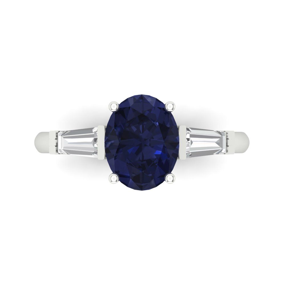 2.5 cttw Simulated Blue Sapphire Three-Stone Engagement Ring - Solid Gold (Oval Cut,9x7mm)