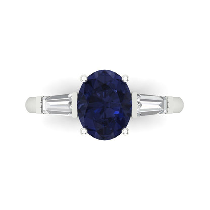 2.5 cttw Simulated Blue Sapphire Three-Stone Engagement Ring - Solid Gold (Oval Cut,9x7mm)