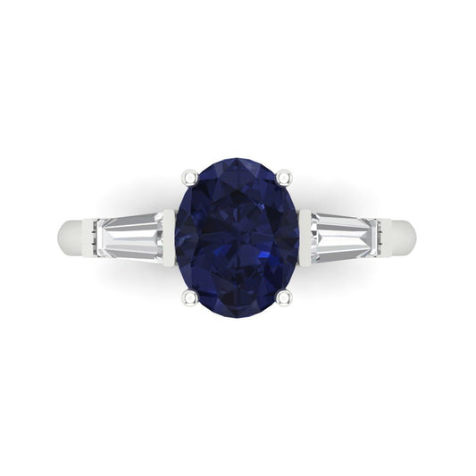 2.5 cttw Simulated Blue Sapphire Three-Stone Engagement Ring - Solid White Gold (VVS1, Oval Cut,9x7mm)