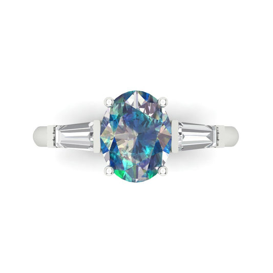 2.5 cttw Blue Moissanite Three-Stone Engagement Ring - Solid White Gold (VVS1, Oval Cut,9x7mm)