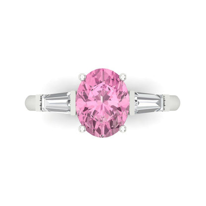 2.5 cttw Zirconia Simulated Pink Diamond Three-Stone Engagement Ring - Solid Gold (VVS1, Oval Cut,9x7mm)