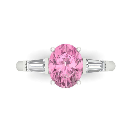 2.5 cttw Zirconia Simulated Pink Diamond Three-Stone Engagement Ring - Solid White Gold (VVS1, Oval Cut,9x7mm)