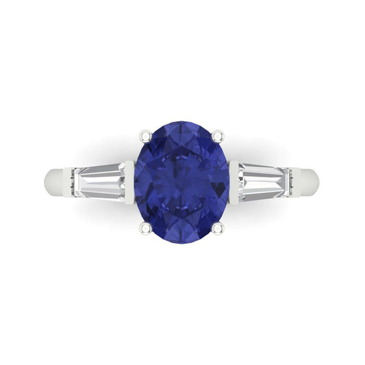 2.5 cttw Simulated Tanzanite Three-Stone Engagement Ring - Solid White Gold (VVS1, Oval Cut,9x7mm)