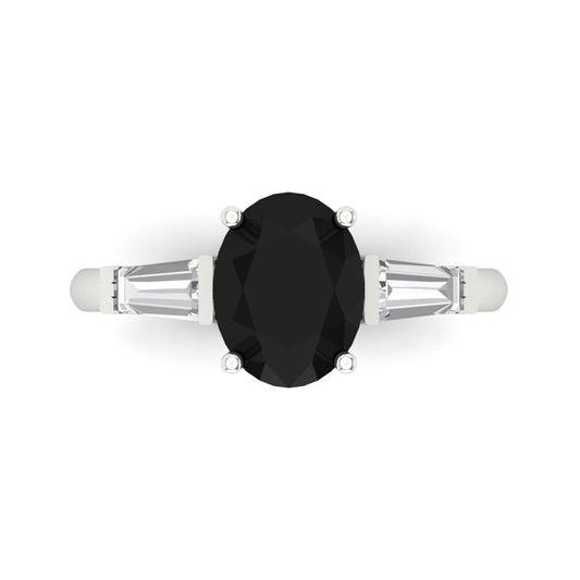 2.5 cttw Natural Onyx Three-Stone Engagement Ring - Solid White Gold (VVS1, Oval Cut,9x7mm)