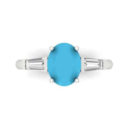 2.5 cttw Simulated Turquoise Three-Stone Engagement Ring - Solid White Gold (VVS1, Oval Cut,9x7mm)