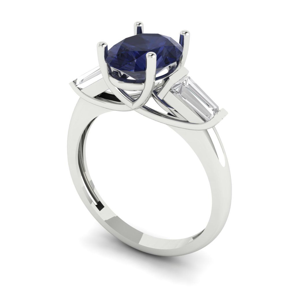 2.5 cttw Simulated Blue Sapphire Three-Stone Engagement Ring - Solid Gold (Oval Cut,9x7mm)