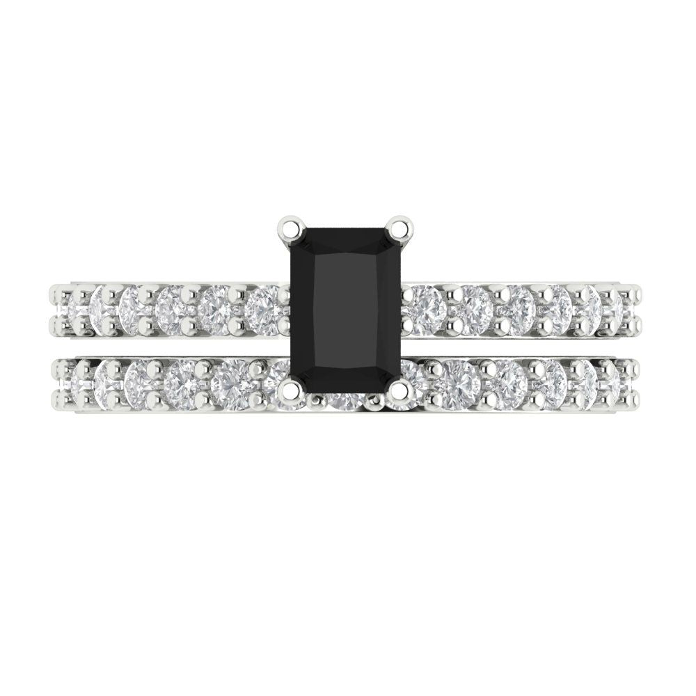 1.325 cttw Emerald Cut Natural Onyx Bridal Set - Solid White Gold Engagement Ring & Wedding Band