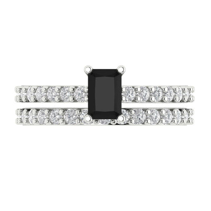1.325 cttw Emerald Cut Natural Onyx Bridal Set - Solid White Gold Engagement Ring & Wedding Band