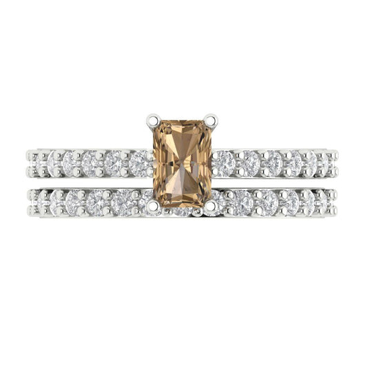 1.325 cttw Emerald Cut Simulated Champagne Diamond Bridal Set - Solid White Gold Engagement Ring & Wedding Band
