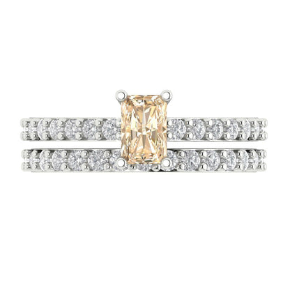 1.325 cttw Emerald Cut Natural Morganite Bridal Set - Solid White Gold Engagement Ring & Wedding Band