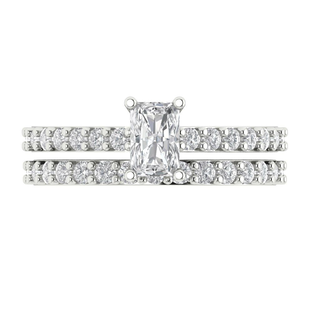 1.325 cttw Emerald Cut Moissanite Bridal Set - Solid White Gold Engagement Ring & Wedding Band