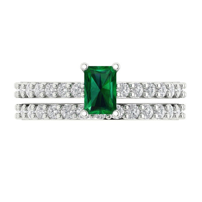 1.325 cttw Emerald Cut Simulated Emerald Bridal Set - Solid White Gold Engagement Ring & Wedding Band