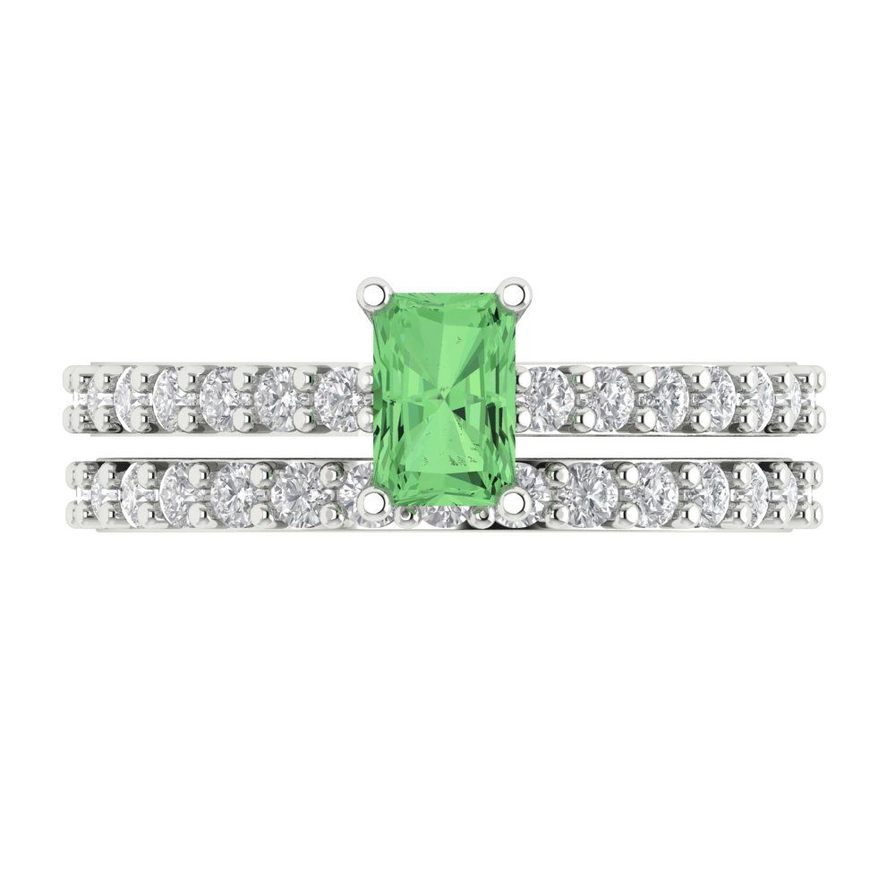 1.325 cttw Emerald Cut Simulated Green Diamond Bridal Set - Solid White Gold Engagement Ring & Wedding Band