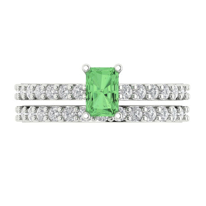 1.325 cttw Emerald Cut Simulated Green Diamond Bridal Set - Solid White Gold Engagement Ring & Wedding Band