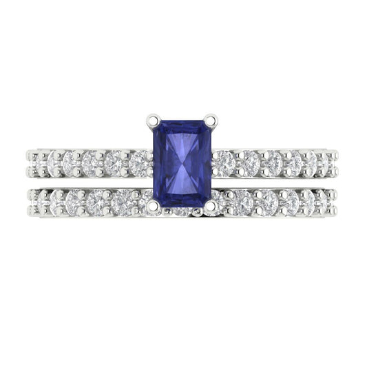 1.325 cttw Emerald Cut Simulated Tanzanite Bridal Set - Solid White Gold Engagement Ring & Wedding Band