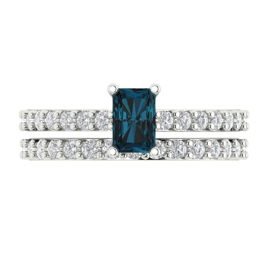 1.325 cttw Emerald Cut Natural London Blue Topaz Bridal Set - Solid White Gold Engagement Ring & Wedding Band