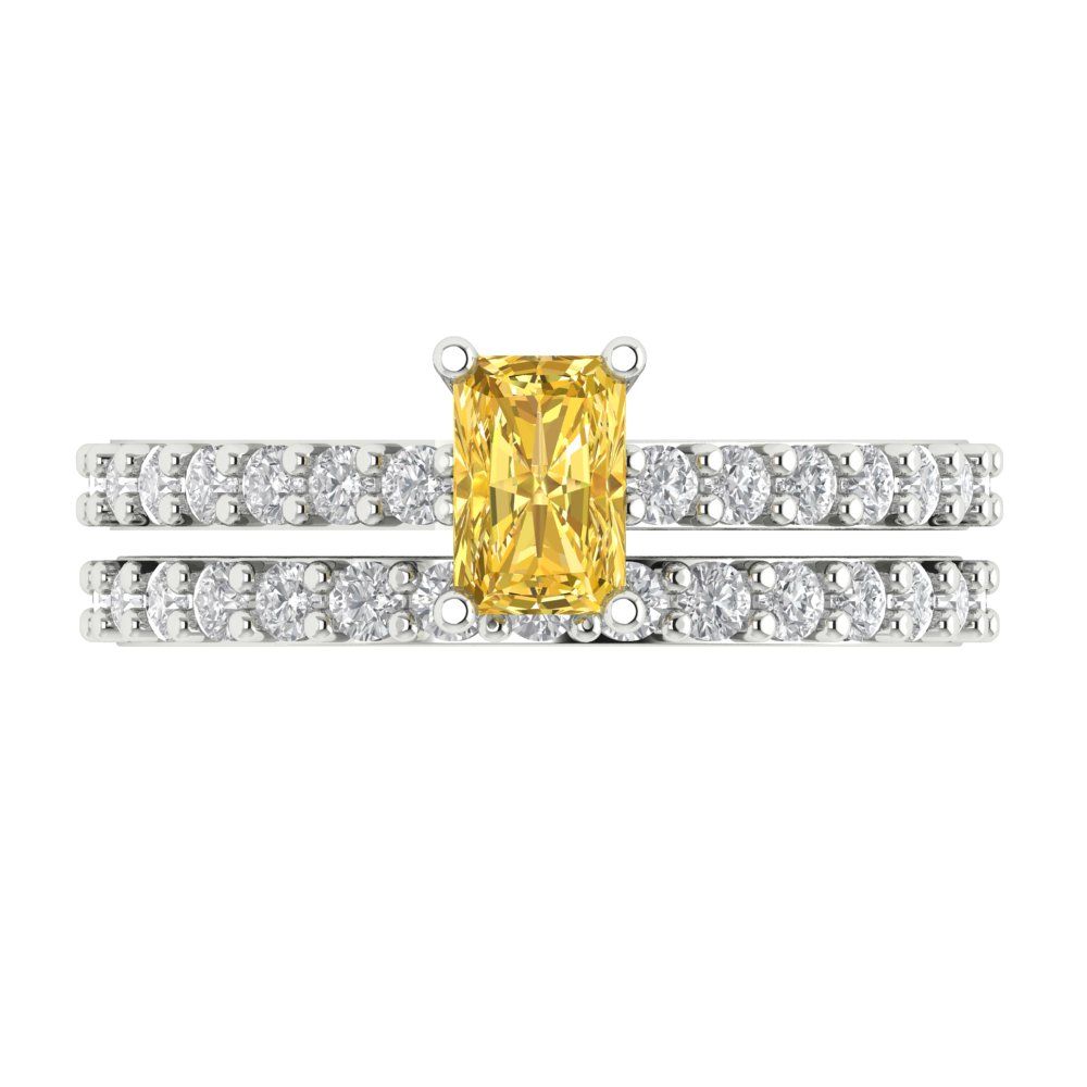 1.325 cttw Emerald Cut Simulated Yellow Diamond Bridal Set - Solid White Gold Engagement Ring & Wedding Band