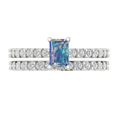 1.325 cttw Emerald Cut Blue Moissanite Bridal Set - Solid White Gold Engagement Ring & Wedding Band