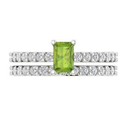 1.325 cttw Emerald Cut Natural Peridot Bridal Set - Solid White Gold Engagement Ring & Wedding Band