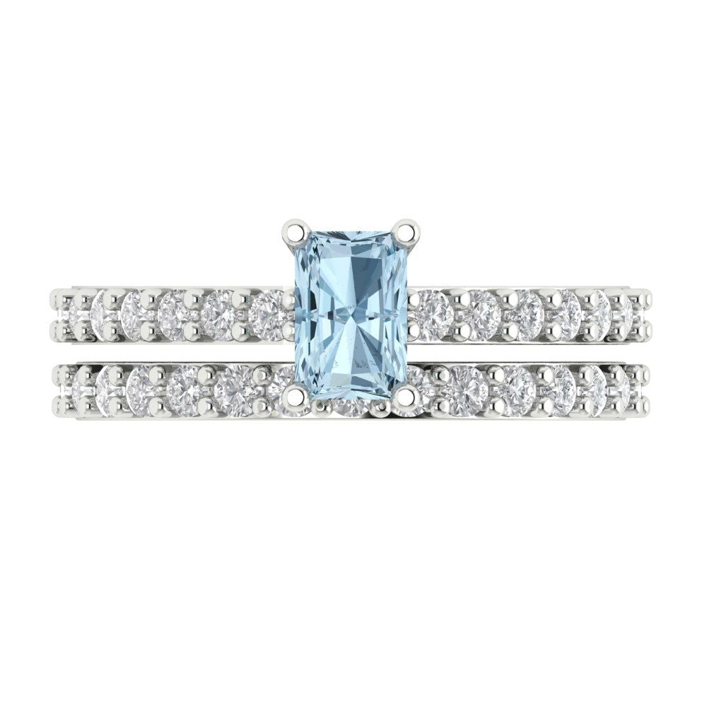 1.325 cttw Emerald Cut Natural Aquamarine Bridal Set - Solid White Gold Engagement Ring & Wedding Band