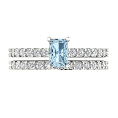1.325 cttw Emerald Cut Natural Aquamarine Bridal Set - Solid White Gold Engagement Ring & Wedding Band