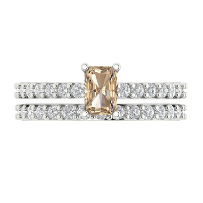 1.325 cttw Emerald Cut Yellow Moissanite Bridal Set - Solid White Gold Engagement Ring & Wedding Band