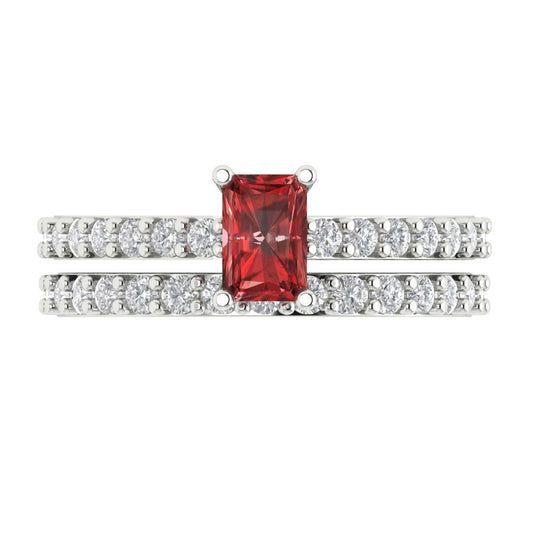 1.325 cttw Emerald Cut Natural Garnet Bridal Set - Solid White Gold Engagement Ring & Wedding Band