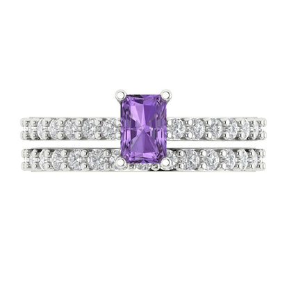 1.325 cttw Emerald Cut Simulated Alexandrite Bridal Set - Solid White Gold Engagement Ring & Wedding Band