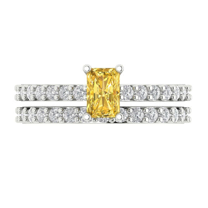 1.325 cttw Emerald Cut Natural Citrine Bridal Set - Solid White Gold Engagement Ring & Wedding Band