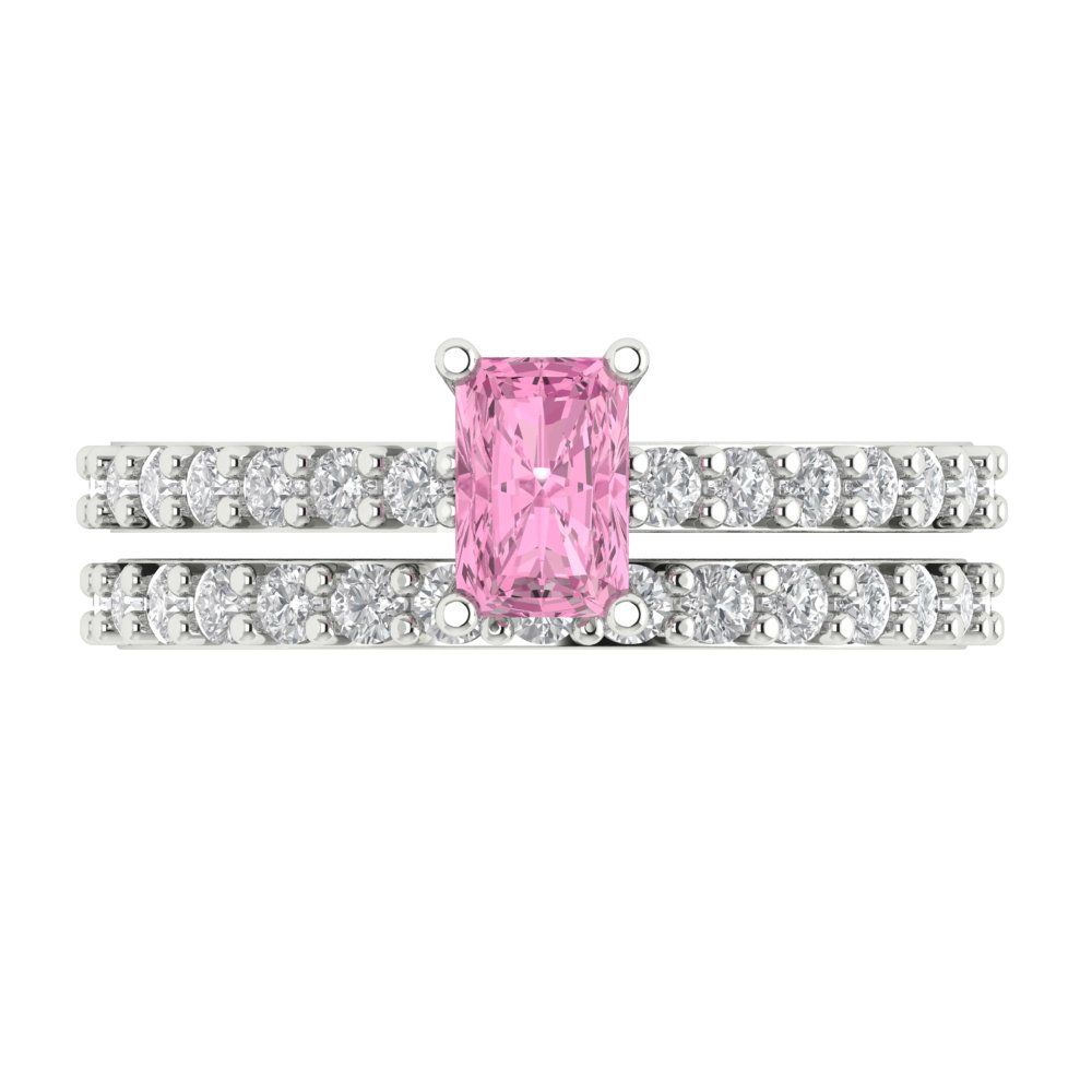 1.325 cttw Emerald Cut Simulated Pink Diamond Bridal Set - Solid White Gold Engagement Ring & Wedding Band