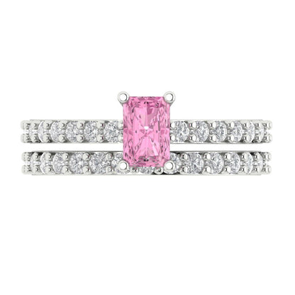 1.325 cttw Emerald Cut Simulated Pink Diamond Bridal Set - Solid White Gold Engagement Ring & Wedding Band