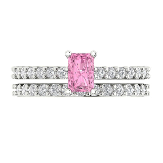 1.325 cttw Emerald Cut Simulated Pink Diamond Bridal Set - Solid White Gold Engagement Ring & Wedding Band