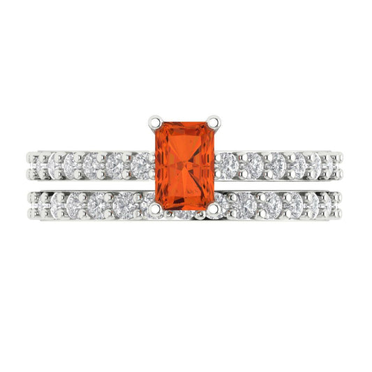 1.325 cttw Emerald Cut Simulated Red Diamond Bridal Set - Solid White Gold Engagement Ring & Wedding Band