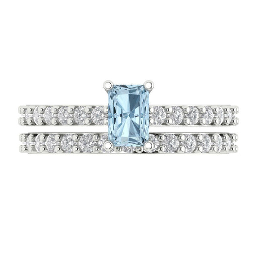 1.325 cttw Emerald Cut Natural Sky Blue Topaz Bridal Set - Solid White Gold Engagement Ring & Wedding Band