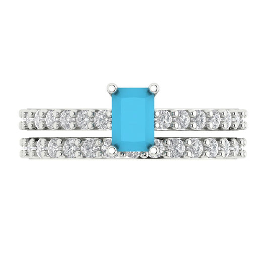 1.325 cttw Emerald Cut Simulated Turquoise Bridal Set - Solid White Gold Engagement Ring & Wedding Band