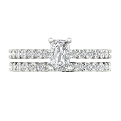 1.325 cttw Emerald Cut White Sapphire Bridal Set - Solid White Gold Engagement Ring & Wedding Band