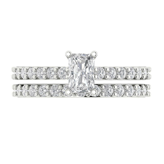 1.325 cttw Emerald Cut White Sapphire Bridal Set - Solid White Gold Engagement Ring & Wedding Band