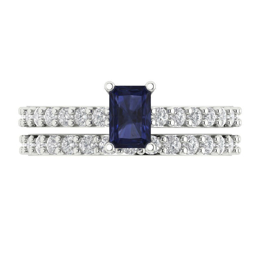 1.325 cttw Emerald Cut Simulated Blue Sapphire Bridal Set - Solid White Gold Engagement Ring & Wedding Band