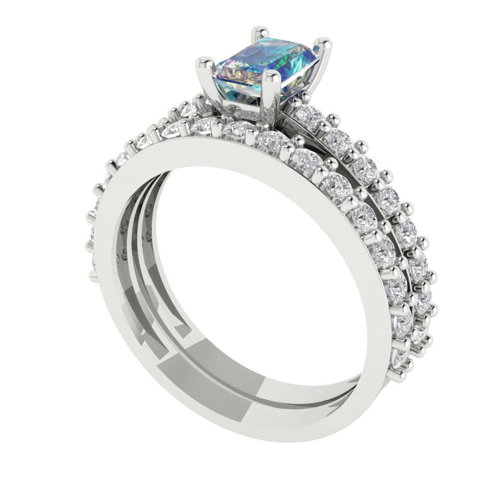 1.325 cttw Emerald Cut Blue Moissanite Bridal Set - Solid White Gold Engagement Ring & Wedding Band