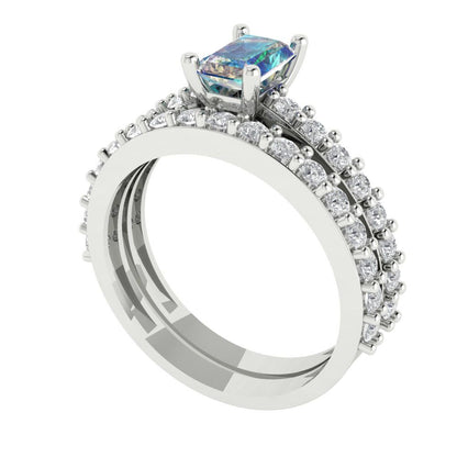 1.325 cttw Emerald Cut Blue Moissanite Bridal Set - Solid White Gold Engagement Ring & Wedding Band