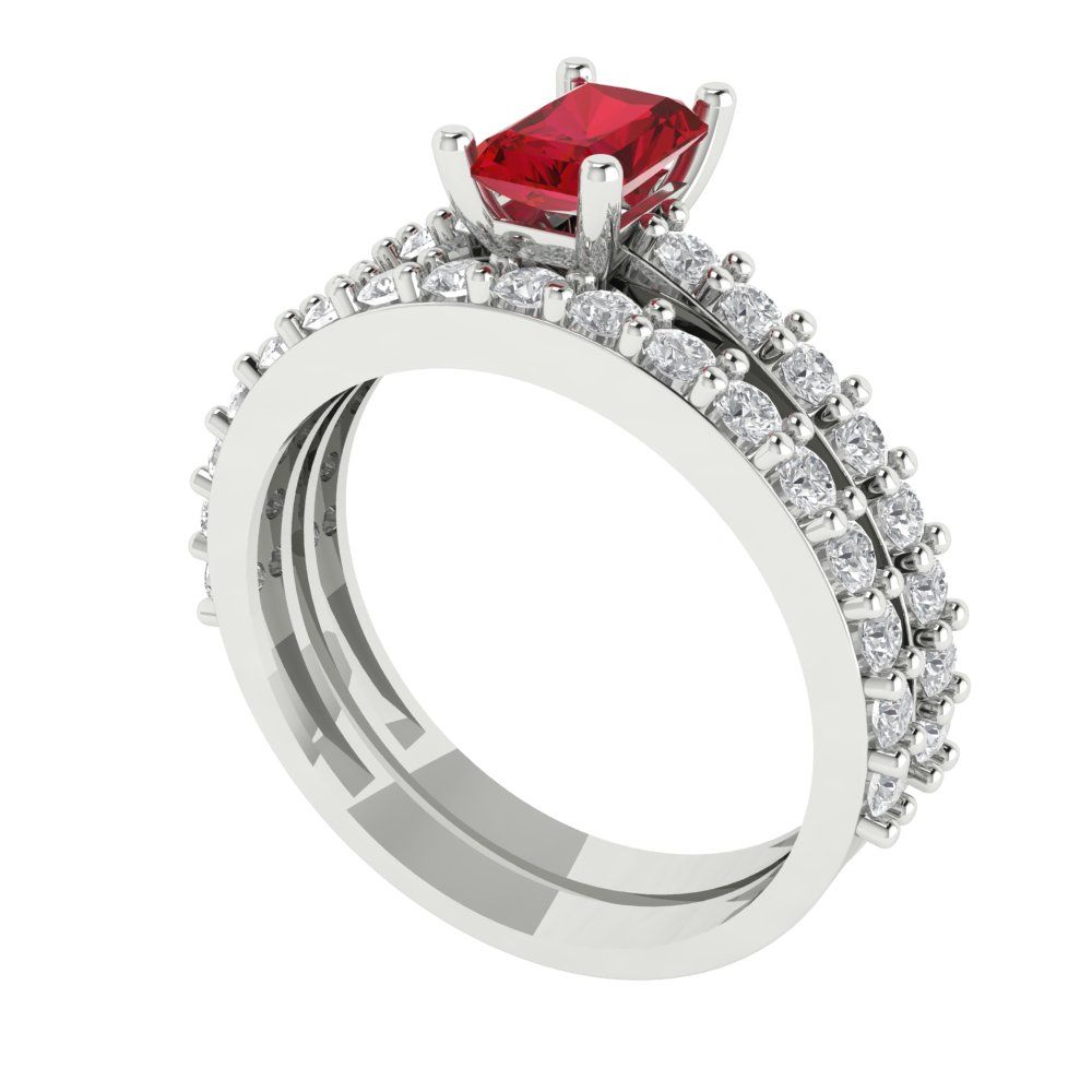 1.325 cttw Emerald Cut Simulated Pink Tourmaline Bridal Set - Solid White Gold Engagement Ring & Wedding Band