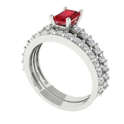 1.325 cttw Emerald Cut Simulated Pink Tourmaline Bridal Set - Solid White Gold Engagement Ring & Wedding Band