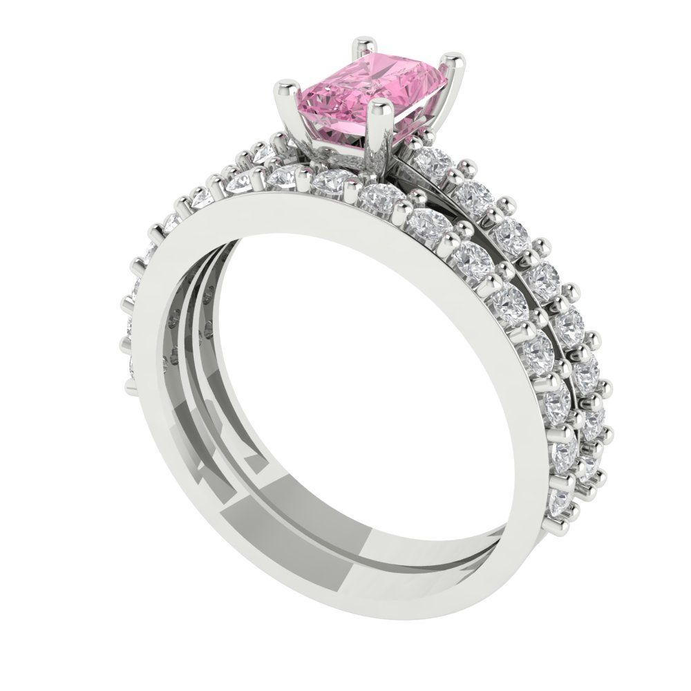1.325 cttw Emerald Cut Simulated Pink Diamond Bridal Set - Solid White Gold Engagement Ring & Wedding Band
