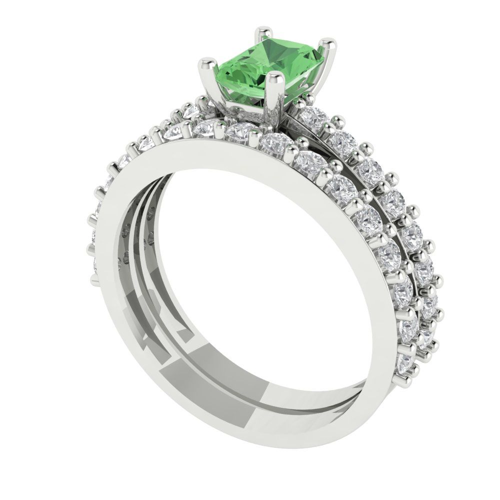 1.325 cttw Emerald Cut Simulated Green Diamond Bridal Set - Solid White Gold Engagement Ring & Wedding Band